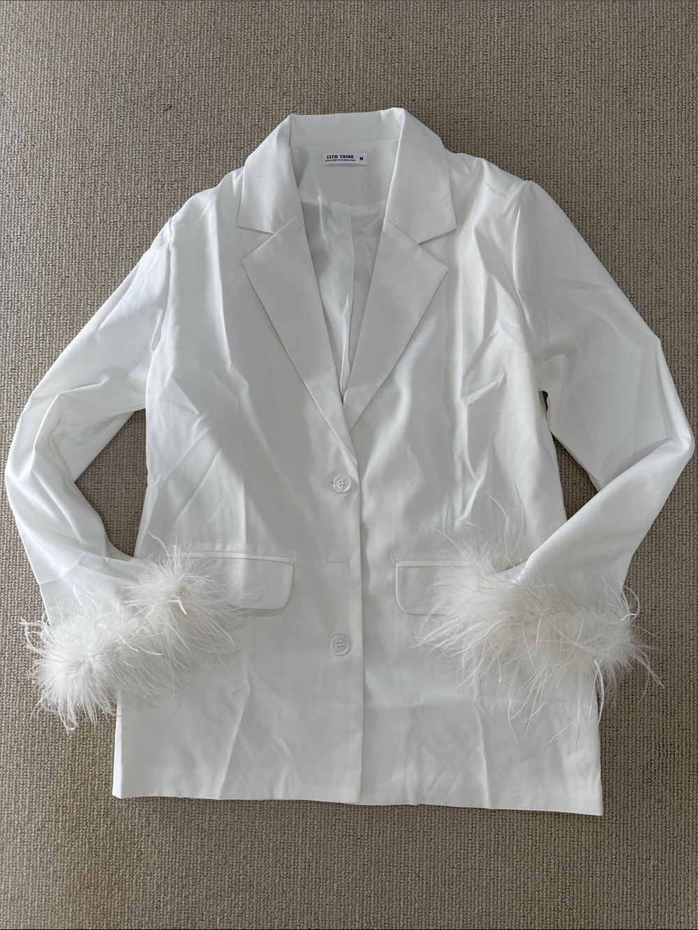 12 Tribe White Feather-Cuff Blazer Jacket medium